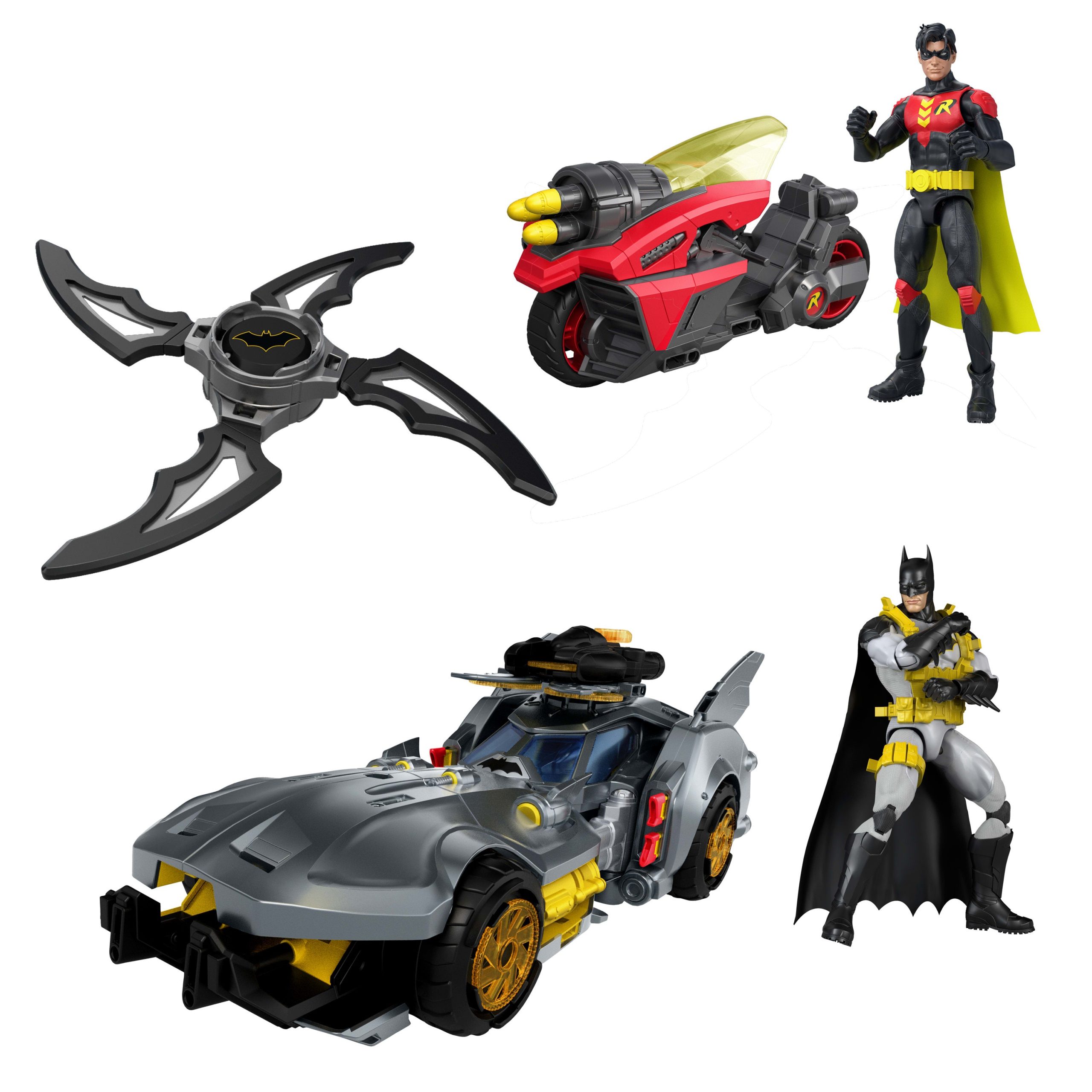 DC Premier Batlink Pack With Batmobile. Robin Cycle. Batman & Robin Figures. 2 Batarangs