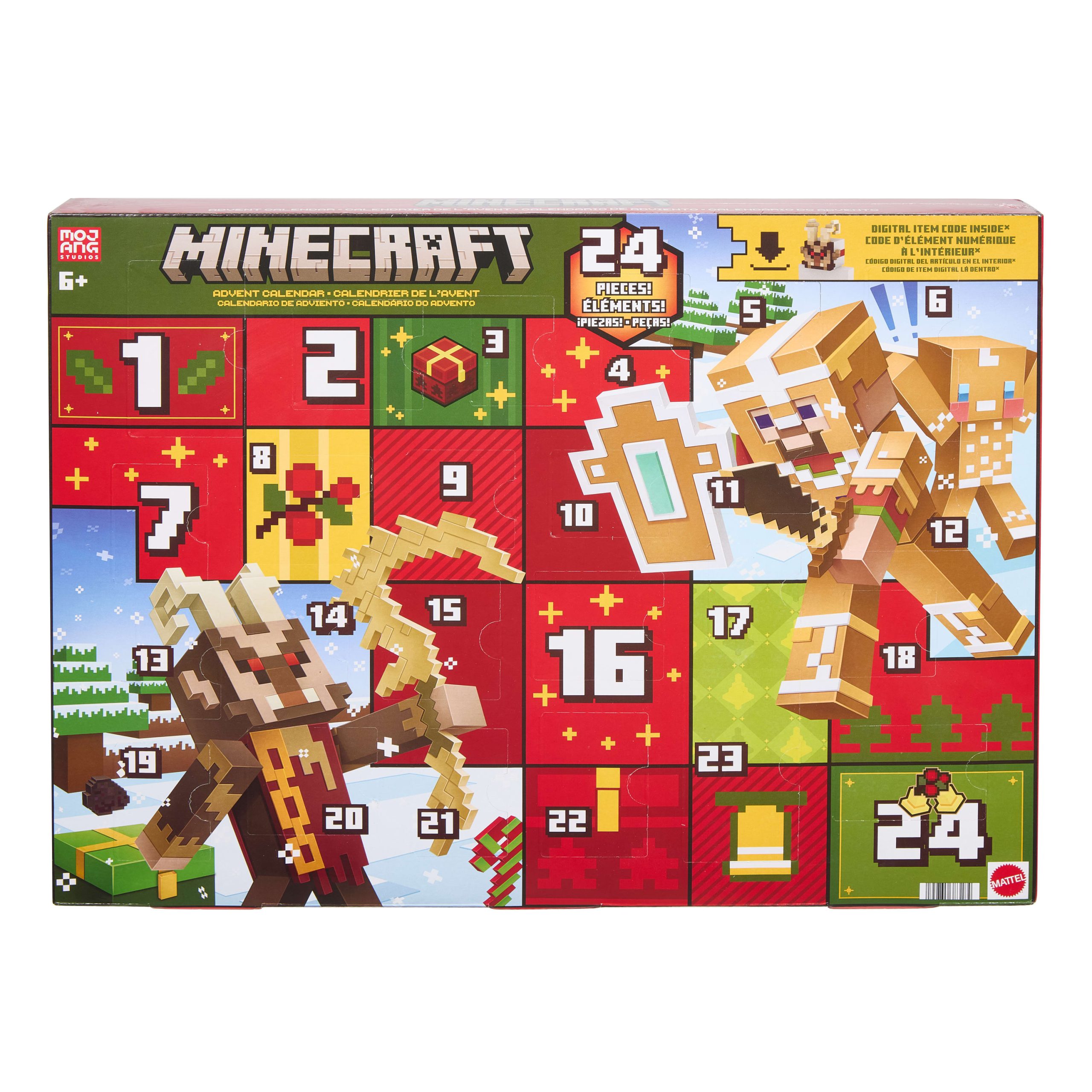 Minecraft Advent Calendar. 3 3.25-Inch Scale Action Figures. 15 Accessories. 5 Stickers & Digital Item Code