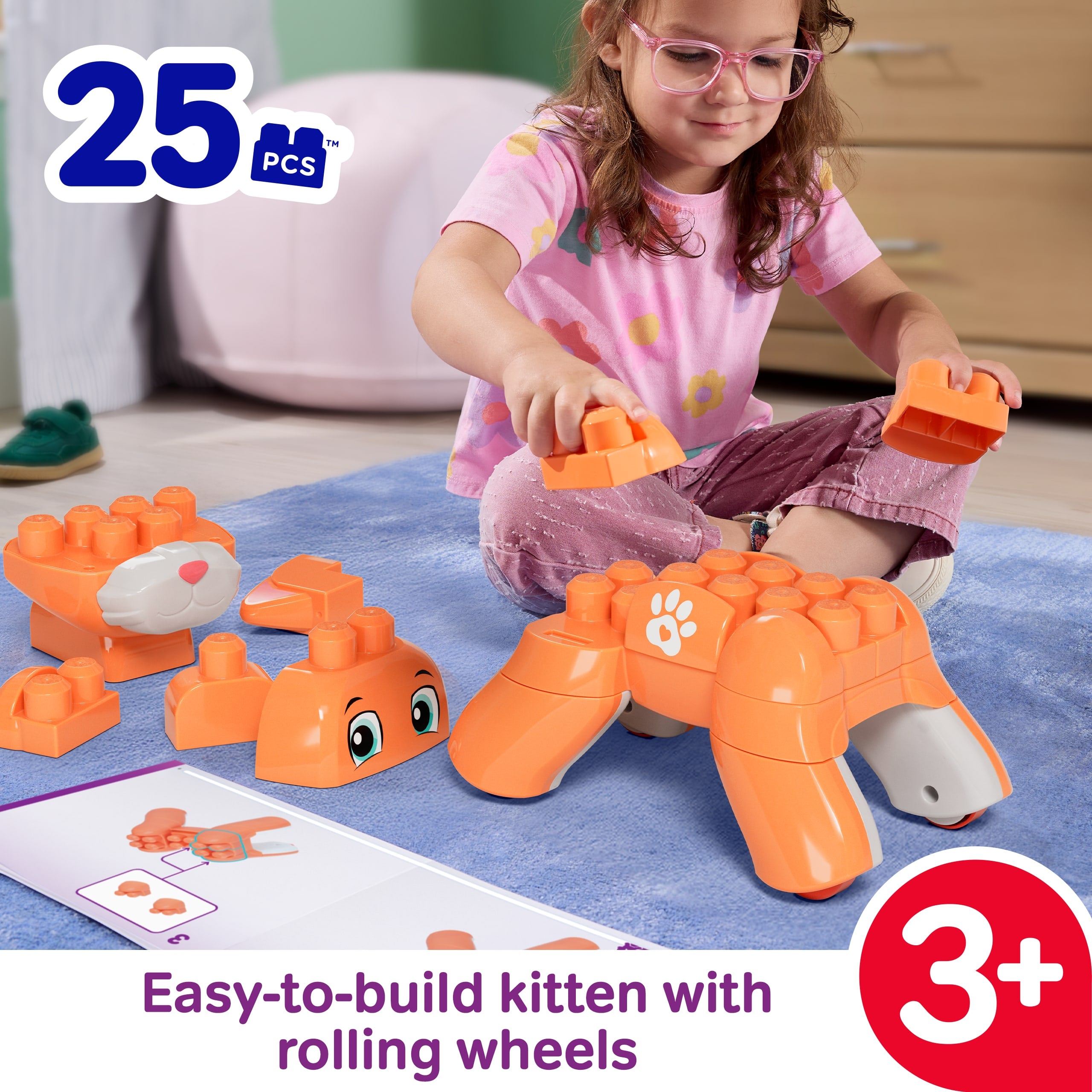 MEGA Bloks Fisher-Price Rolling Kitten Block Toy With Rolling Wheels (25 Pieces) For Kids - Image 2
