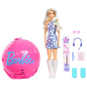 Barbie Team ?C Roll And Reveal ?C Poup??e et Accessoires ?C Barbie?Vedette Pop. Poup??e Mode Blonde. 8?Surprises et Bo?tier en Forme de Boule Disco