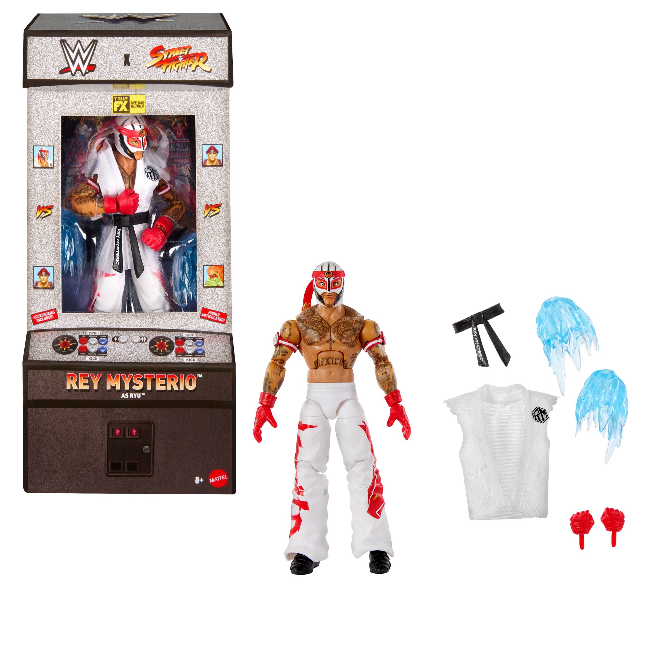 WWE X Street Fighter Rey Mysterio Action Figure & Accessories. 6-inch Collectible Ryu Mashup Set