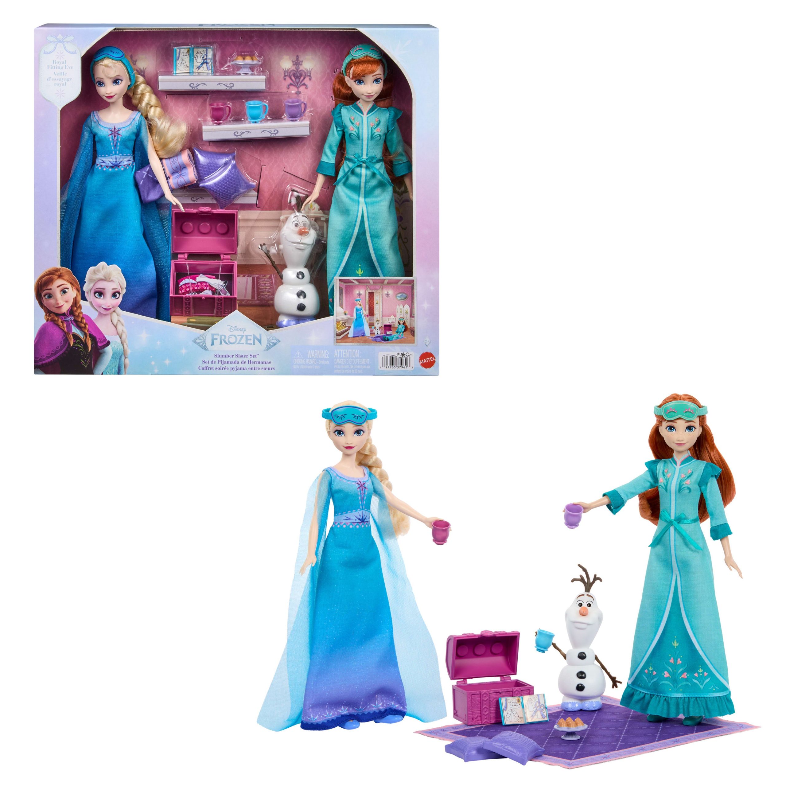 Disney Frozen?Slumber Sister Set?With Anna & Elsa Fashion Dolls. Olaf & 14?Accessories