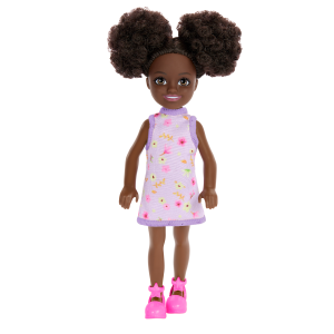 Barbie Chelsea Doll. Small Doll Wearing Removable Purple Floral Dress With Space Buns & Brown Eyes